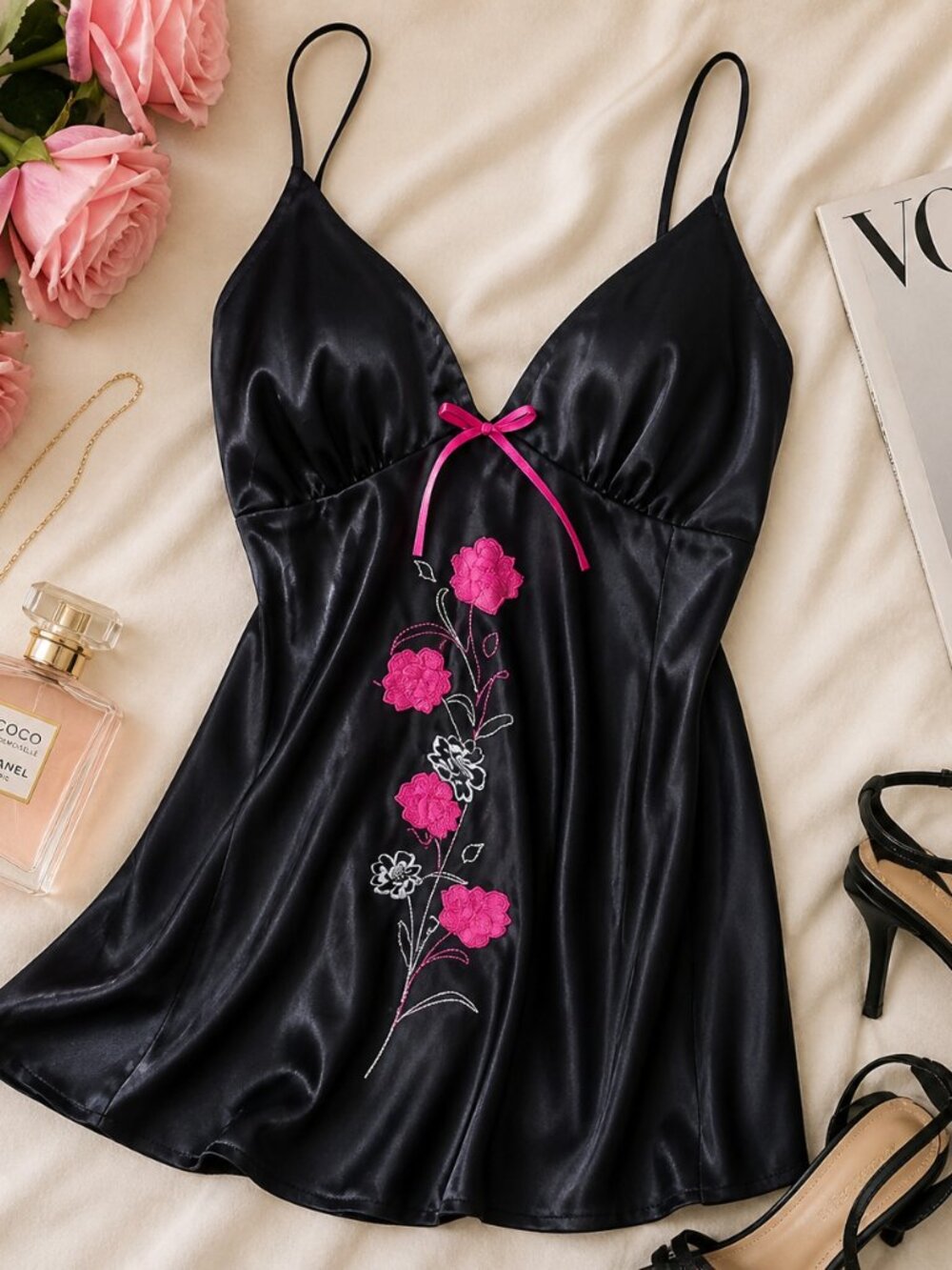 Enchanting Black Satin Floral Chemise Slip Nightgown Lingerie – Size Large 14-16
